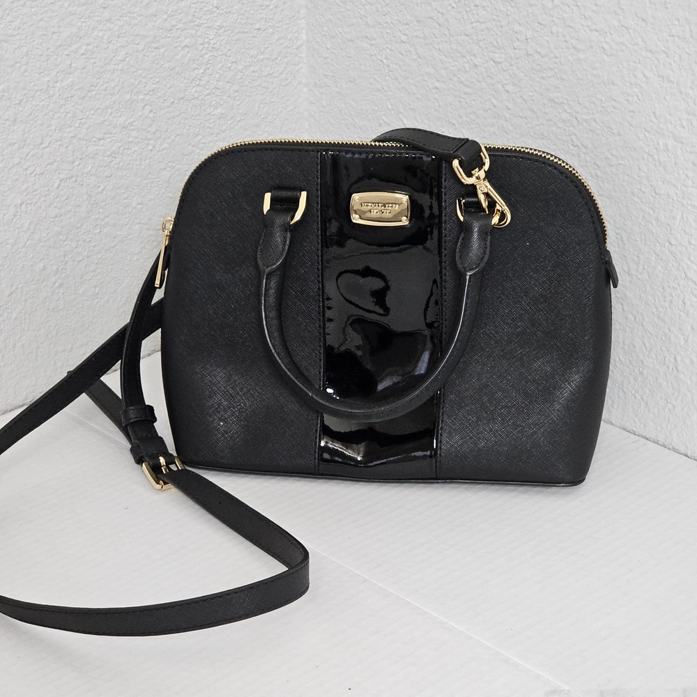 Michael Kors Black Saffiano Leather Center Stripe‎ Dome Satchel